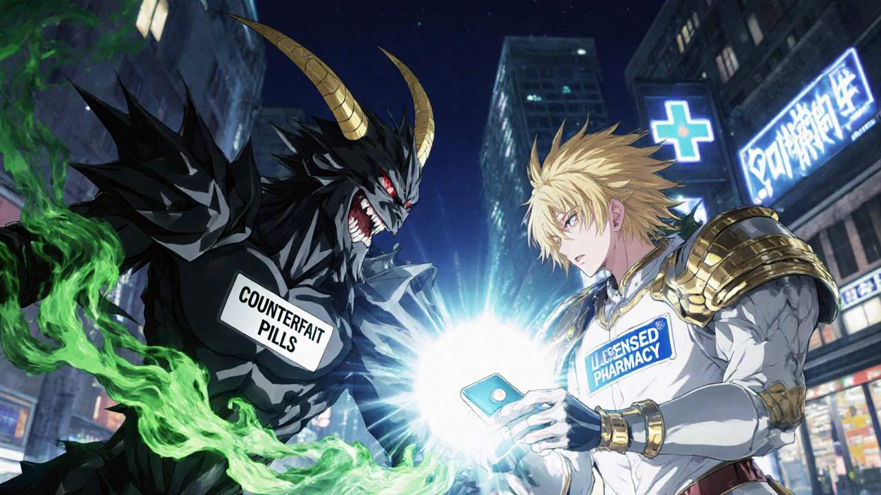 A heroic figure representing a licensed pharmacy battling a toxic counterfeit pill demon in a cityscape at night.