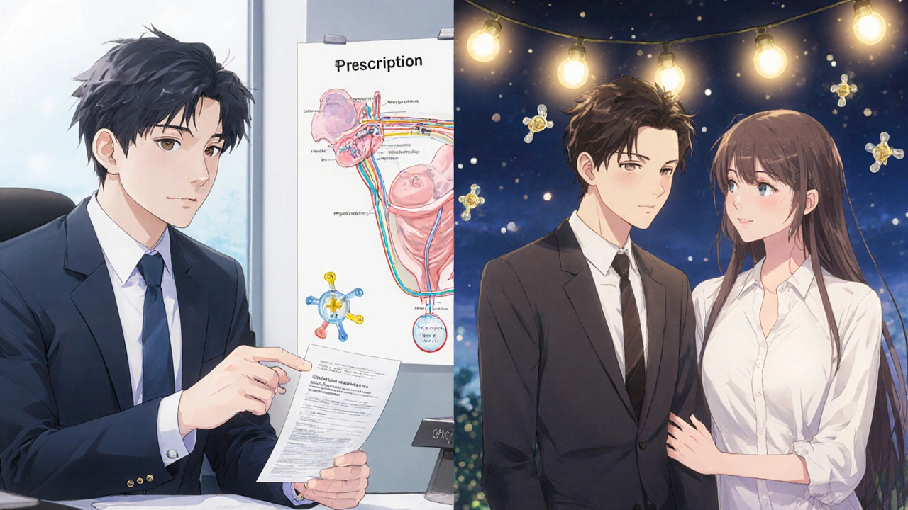 A man receiving a prescription from a doctor, then sharing a quiet moment with his partner under evening lights.