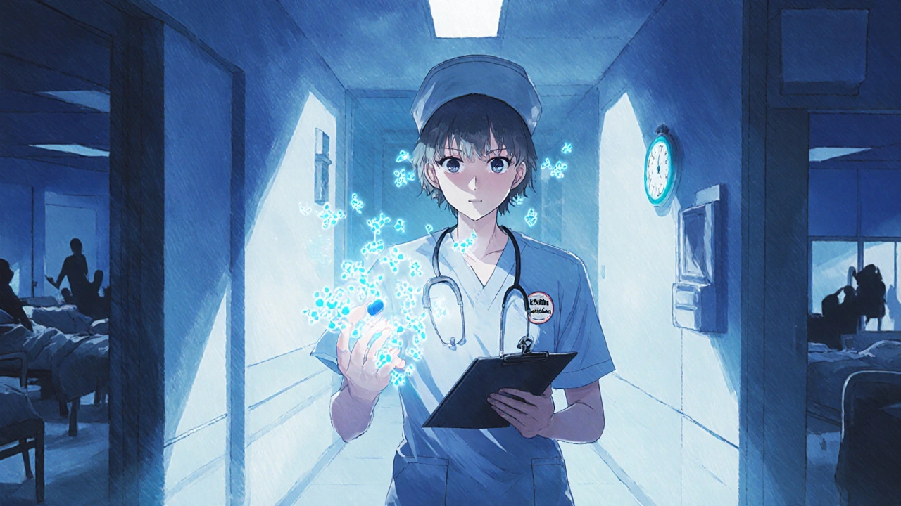 A nurse works a night shift with glowing molecules orbiting their hand under hospital neon lights.