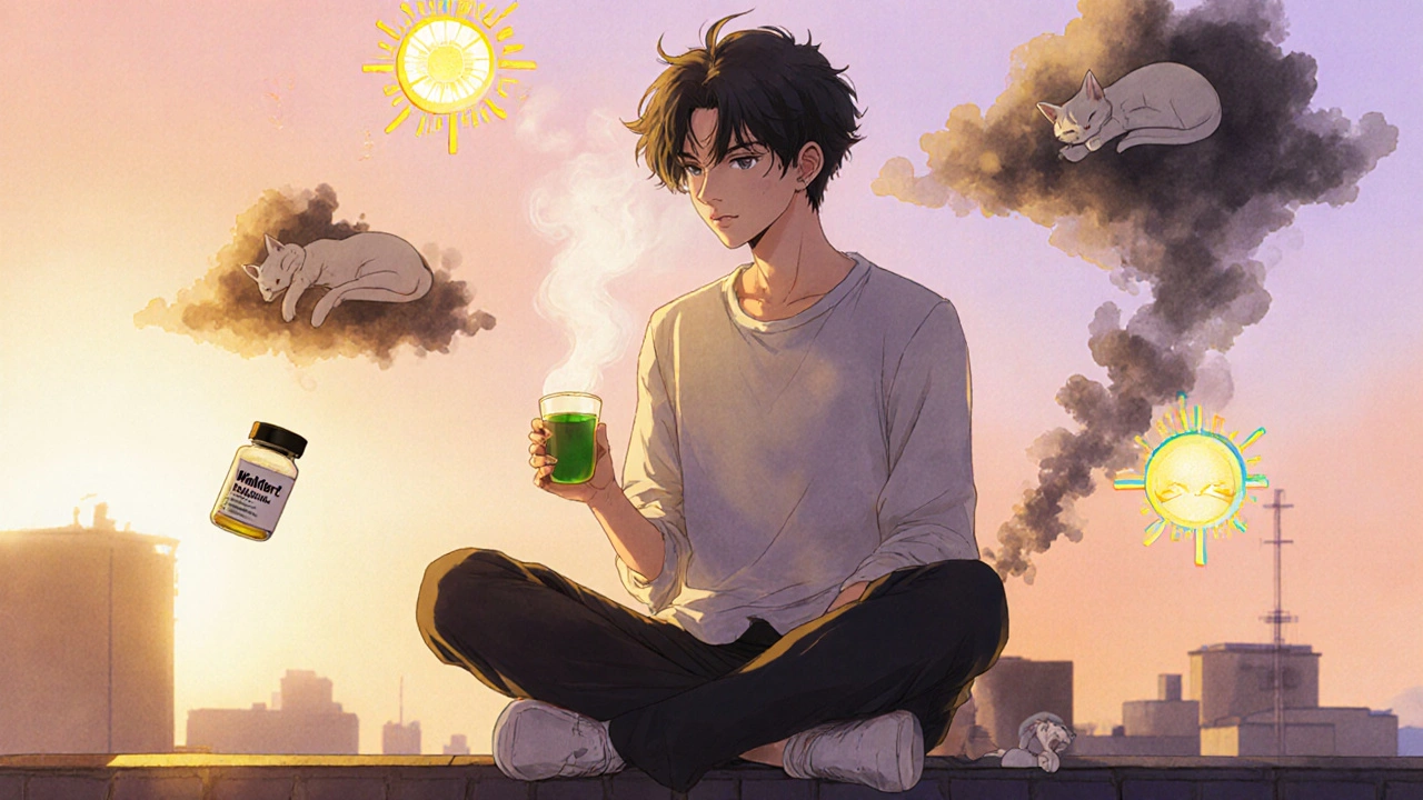 A student on a rooftop at sunrise holds Waklert pills as symbols of natural focus float around them.