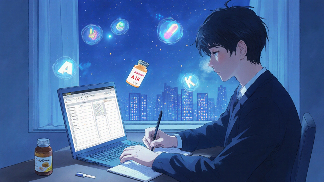 Man journaling at night with vitamin icons floating above him, symbolizing mindful weight loss.