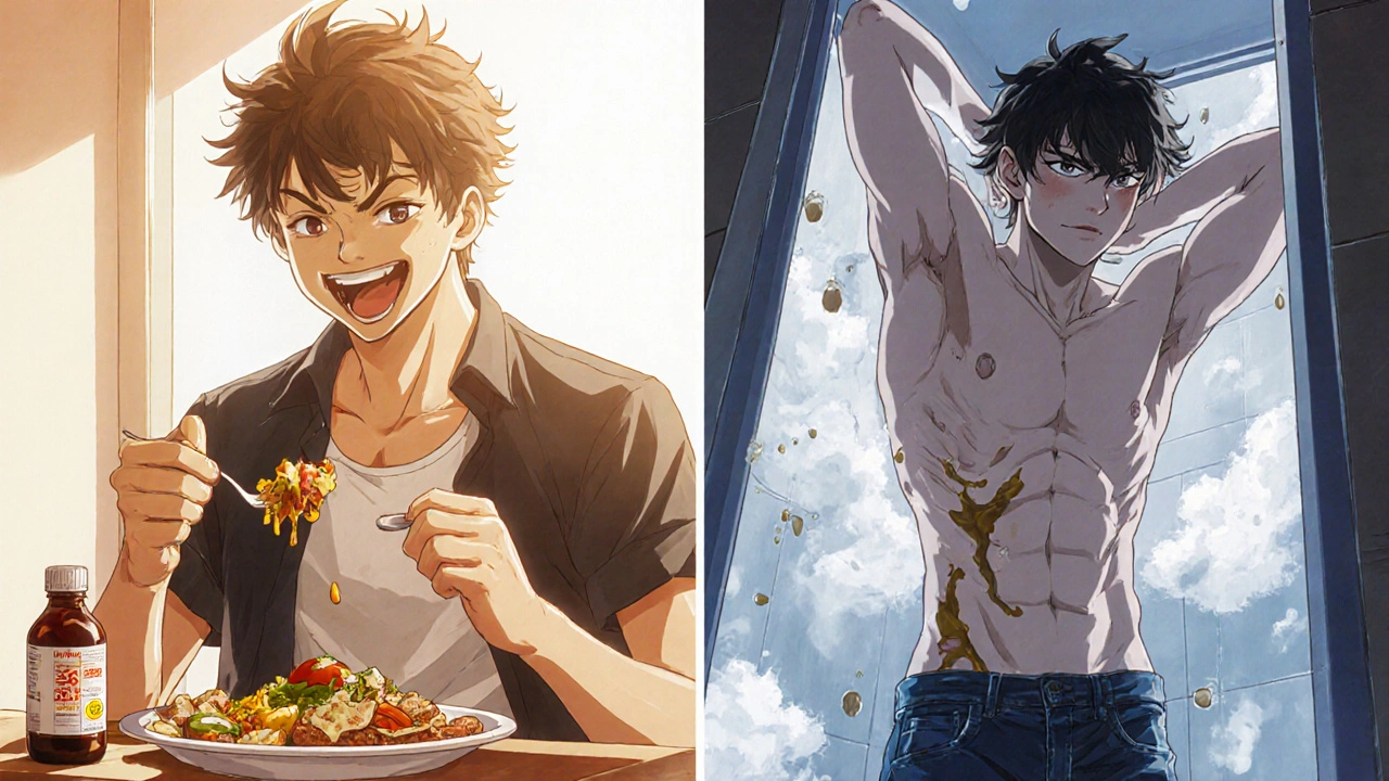 Split scene: man eating healthy vs. experiencing messy side effects of high-fat meal.