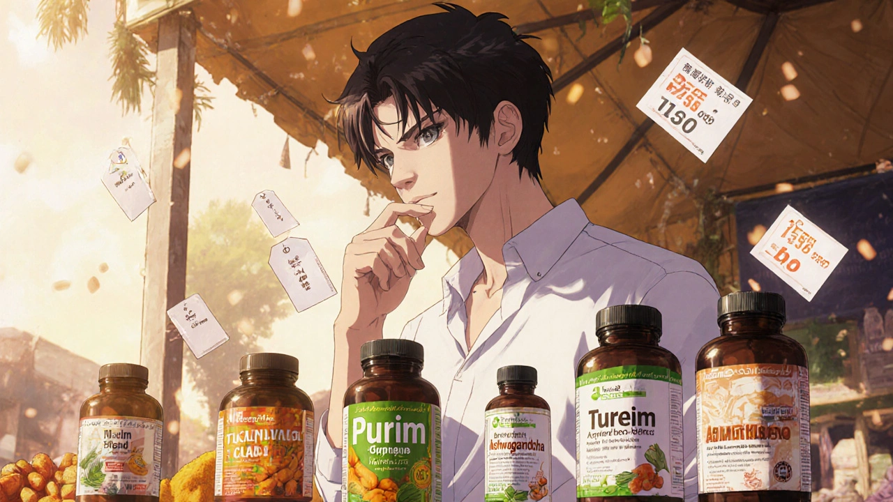 Bishounen at market stall choosing between supplement bottles under warm light.