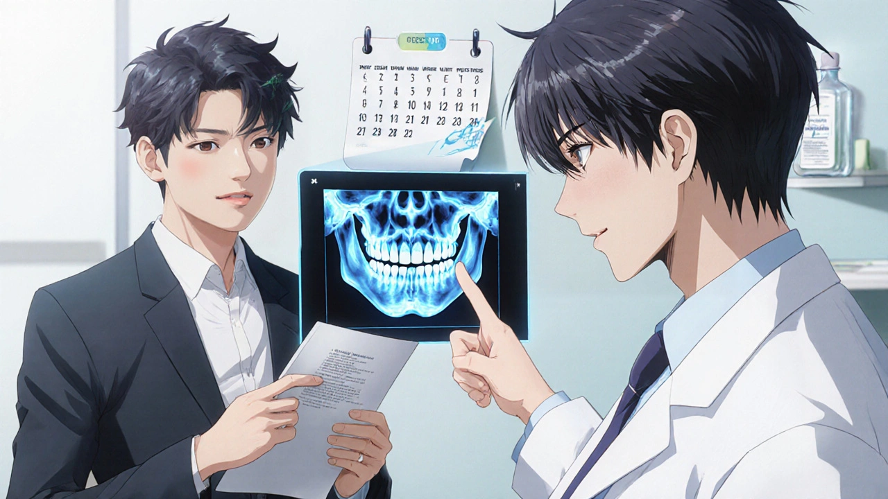 Bishounen dentist presenting a 3D jaw scan to a patient, illustrating preventive dental care.