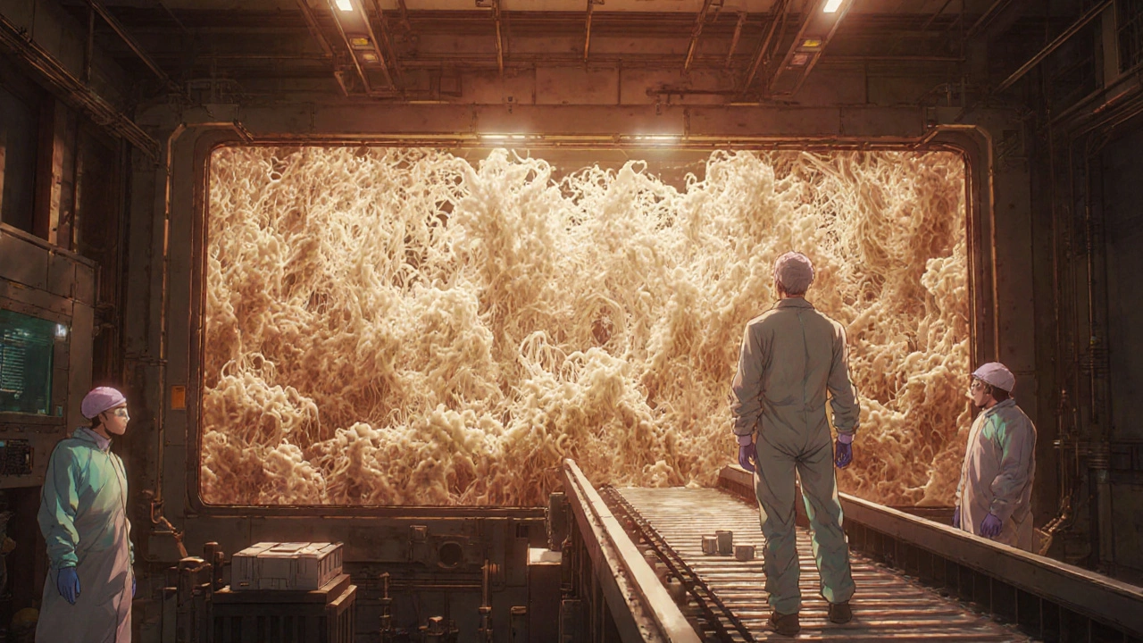 Bishounen engineer supervising mycelium material production in an industrial chamber.