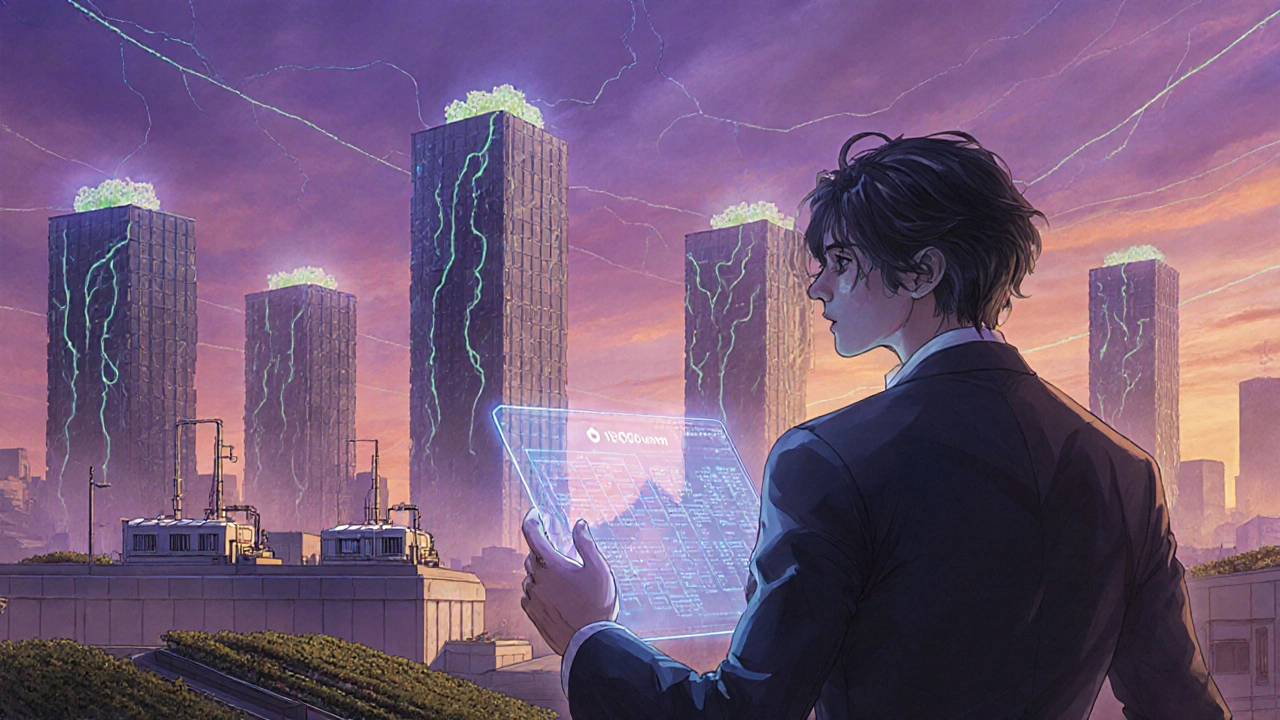 Bishounen entrepreneur overlooking a futuristic city with mycelium‑based carbon‑negative factories.