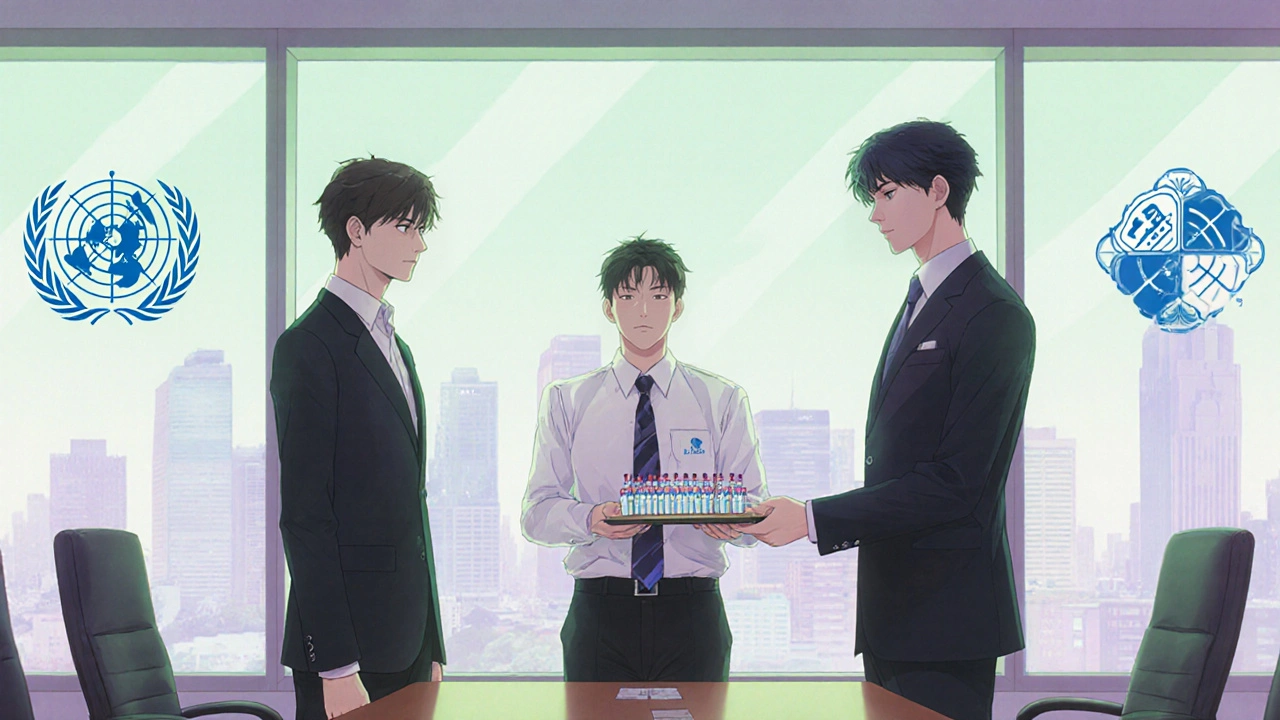 Bishounen health worker offering flu vaccines to school principal and corporate director in a conference room.