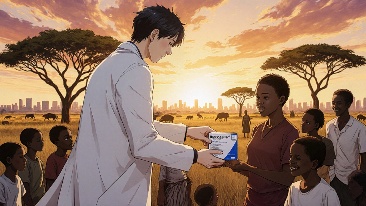 Bishounen hero giving dolutegravir pills to a sunrise village community.