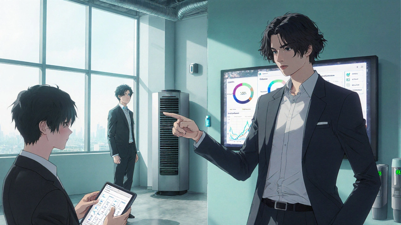 Bishounen office manager showing air purifier and symptom screening in a modern office.