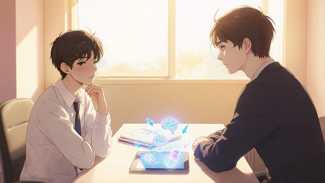 Bishounen patient and doctor discussing treatment options in a bright clinic.