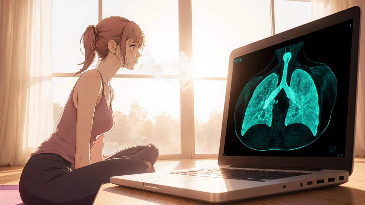 Bishounen patient in yoga pose with subtle cough, CT scan displayed beside her.