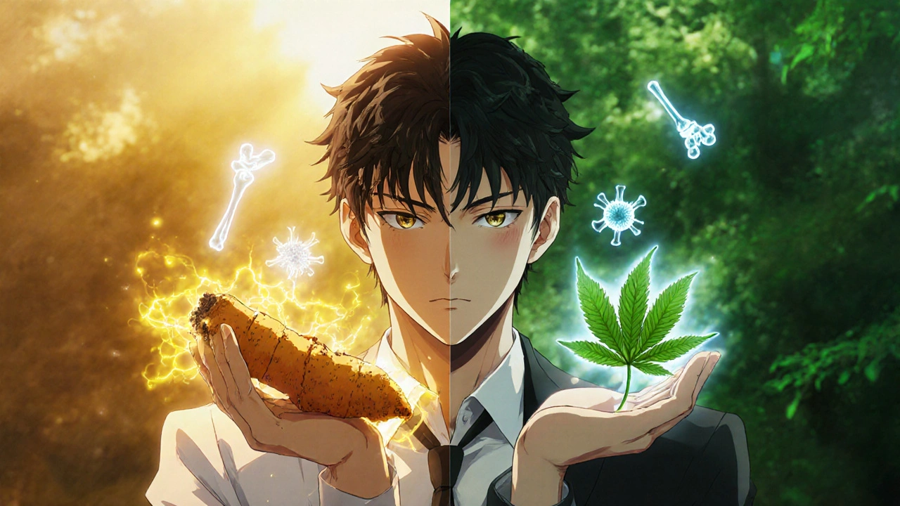 Bishounen with turmeric on left, neem on right, surrounded by joint and immune symbols.