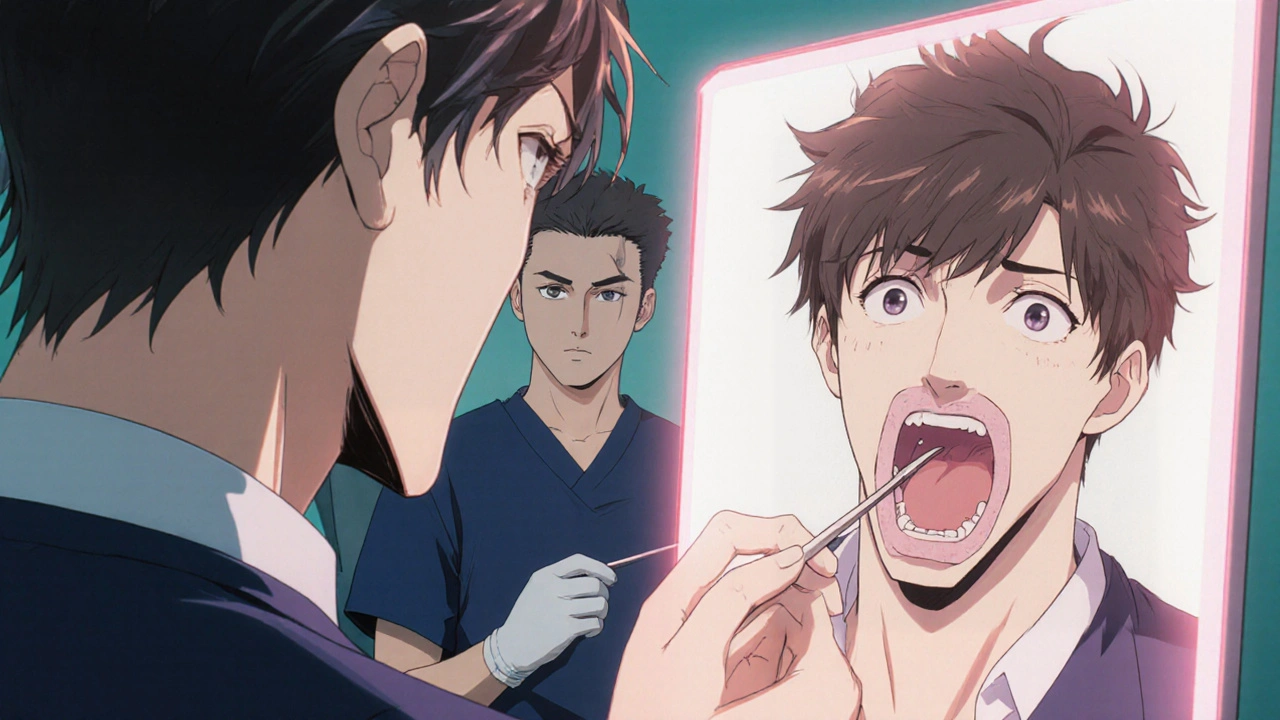 Close‑up of a male patient looking at exposed bone in his upper jaw with a dentist nearby.