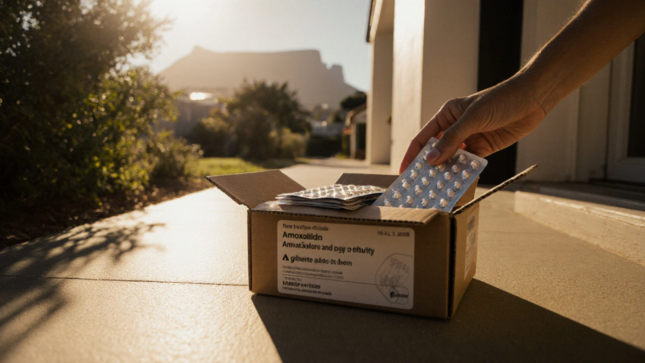Delivery box with amoxicillin tablets being taken from a sunny doorstep in a suburb.