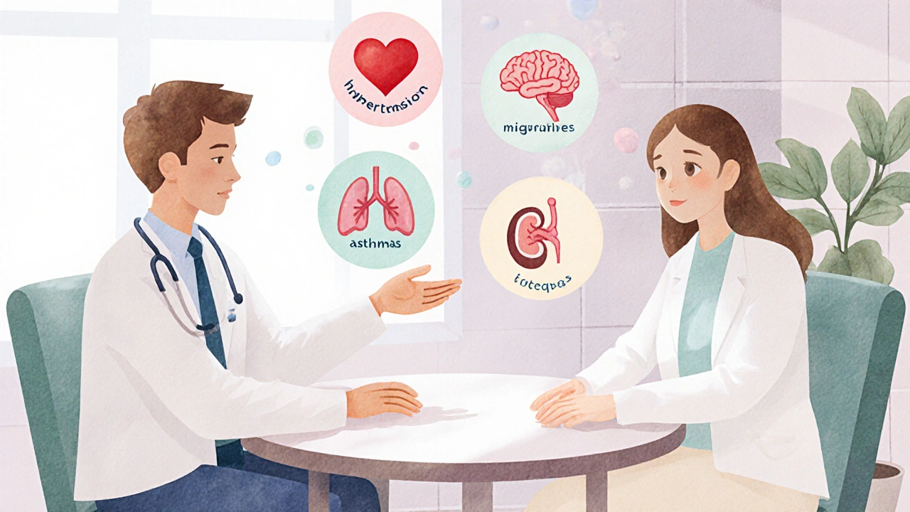 Doctor and patient discussing treatment options with floating icons of heart, brain, lungs, and kidney.
