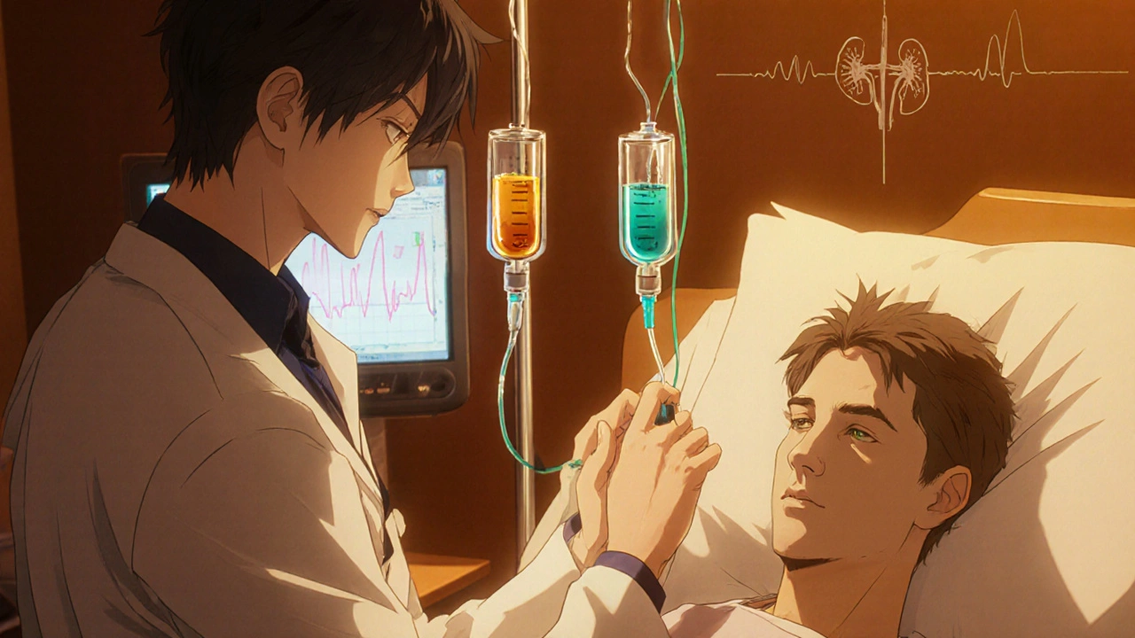 Doctor and patient with IV lines delivering ampicillin and gentamicin, kidney symbols in background.