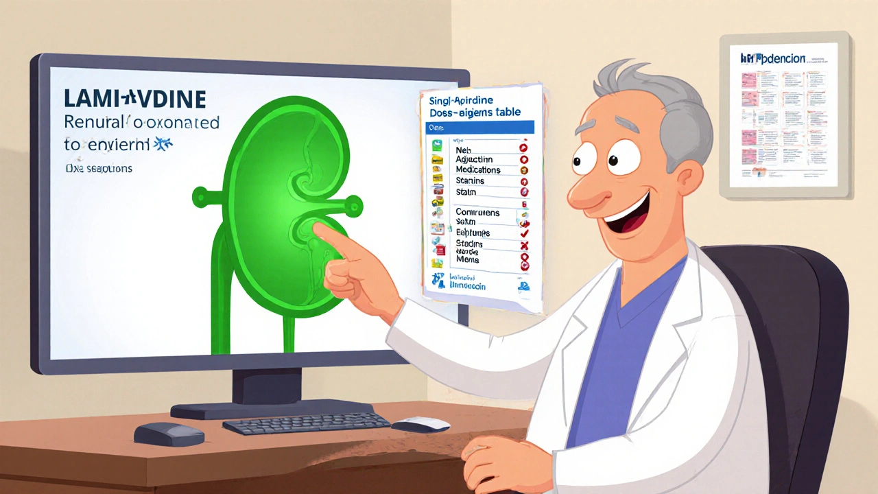 Doctor explaining lamivudine&#039;s renal safety using a cartoon kidney display.