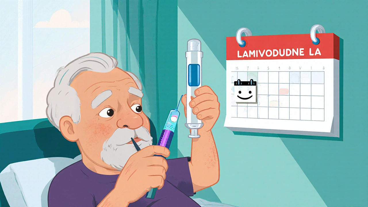 Elderly man using a monthly lamivudine injection pen beside a calendar.