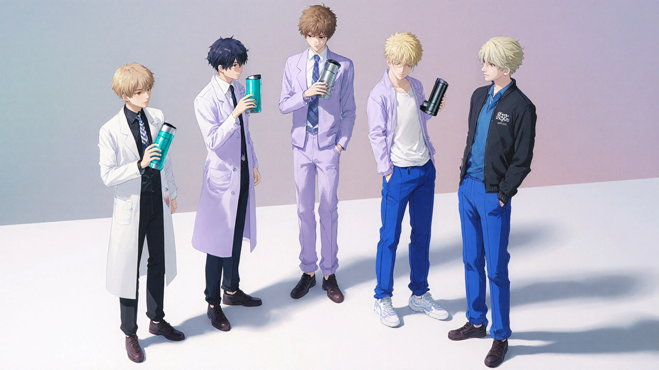 Five stylish characters each holding a different inhaler type, arranged in a semi‑circle.