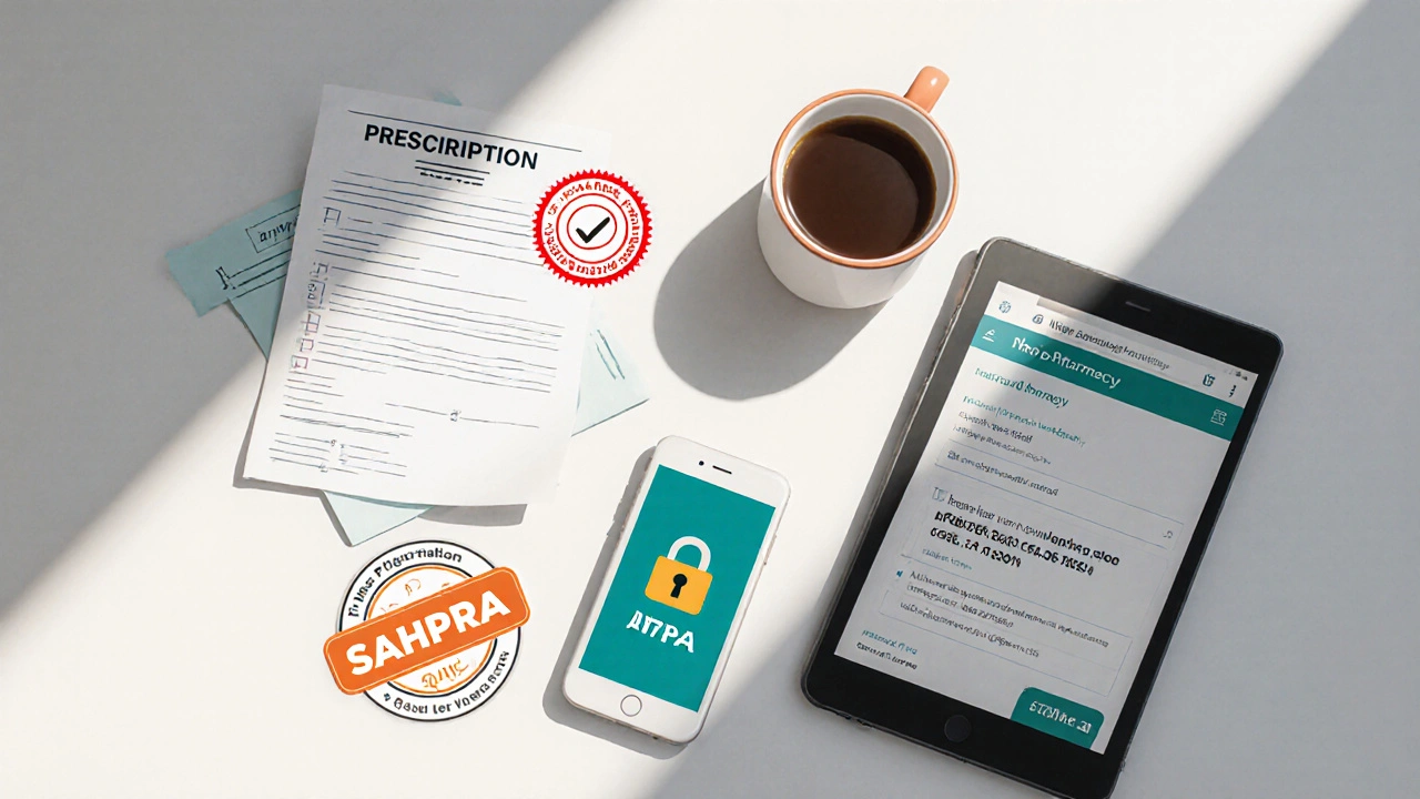 Flat‑lay of prescription, SAHPRA seal, phone showing secure link, and credit card for verification.