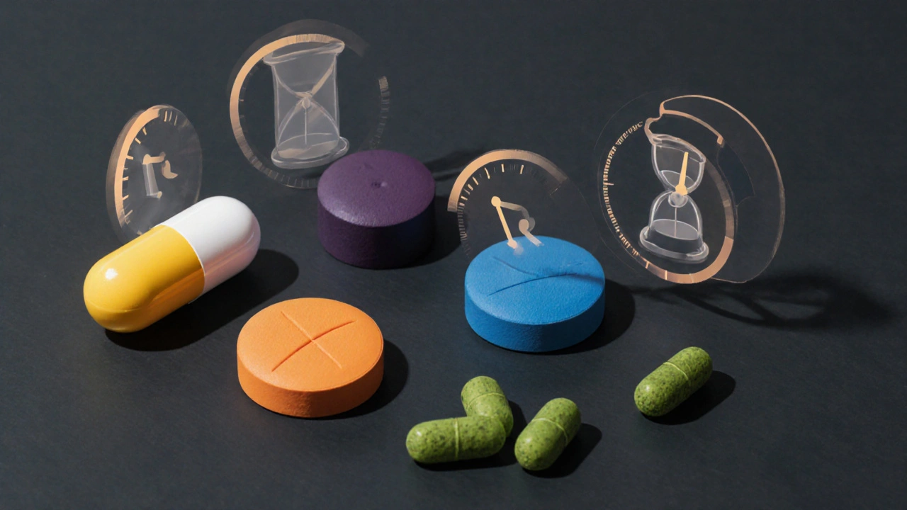 Flatlay of various ED pills with clock symbols indicating onset and duration.