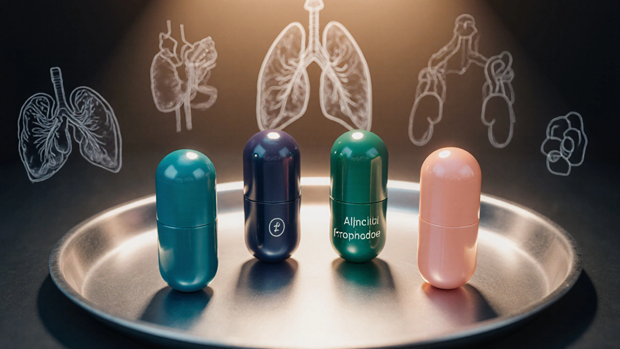 Four colored pill capsules on a tray with silhouettes of heart, lungs, vessels, and kidneys.