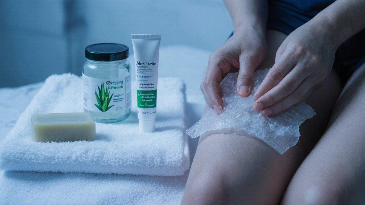Hand applying a cold compress to lower abdomen with aloe vera and cream nearby.