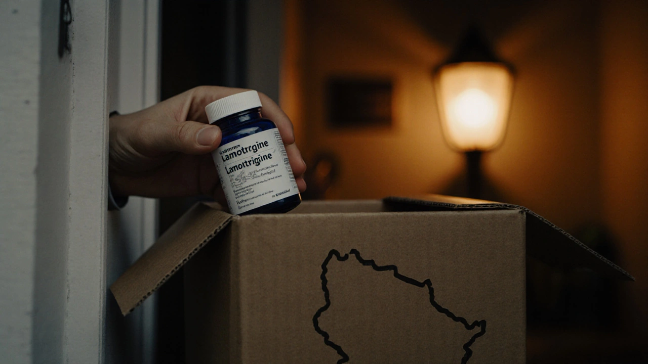 Hand holding delivered lamotrigine bottle from an opened box with warm evening lighting.
