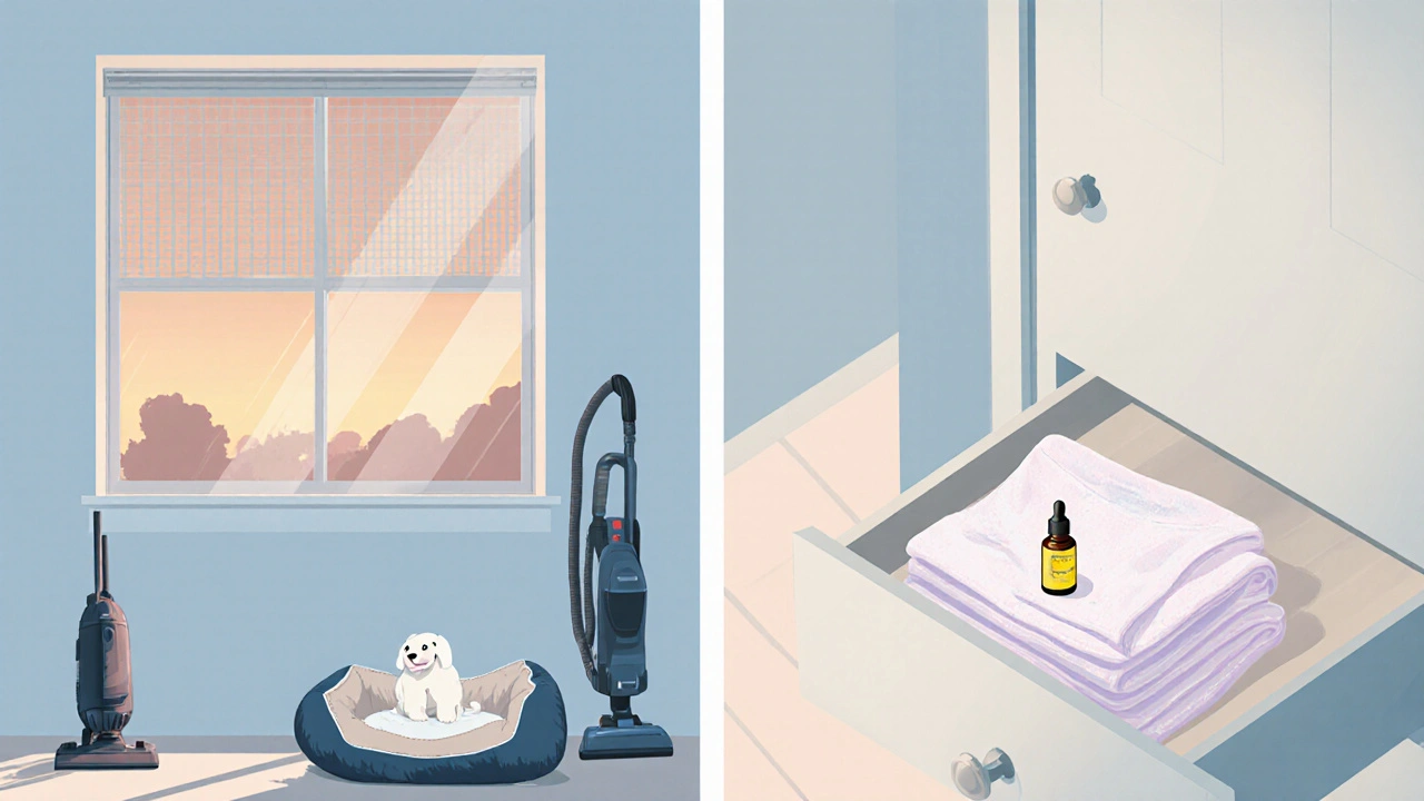Home prevention scene with window screen, vacuum, pet bedding, cotton underwear and lemon‑eucalyptus oil.