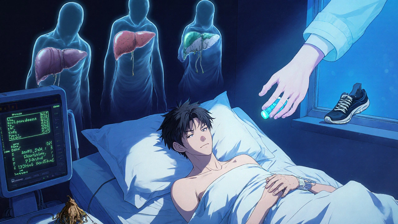 Hospital patient with high liver enzyme readings, ghostly medications above him, reaching for safer alternatives.