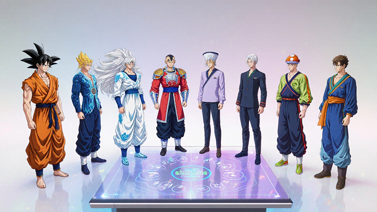 Lineup of eight handsome characters representing different nootropics around a holographic table.