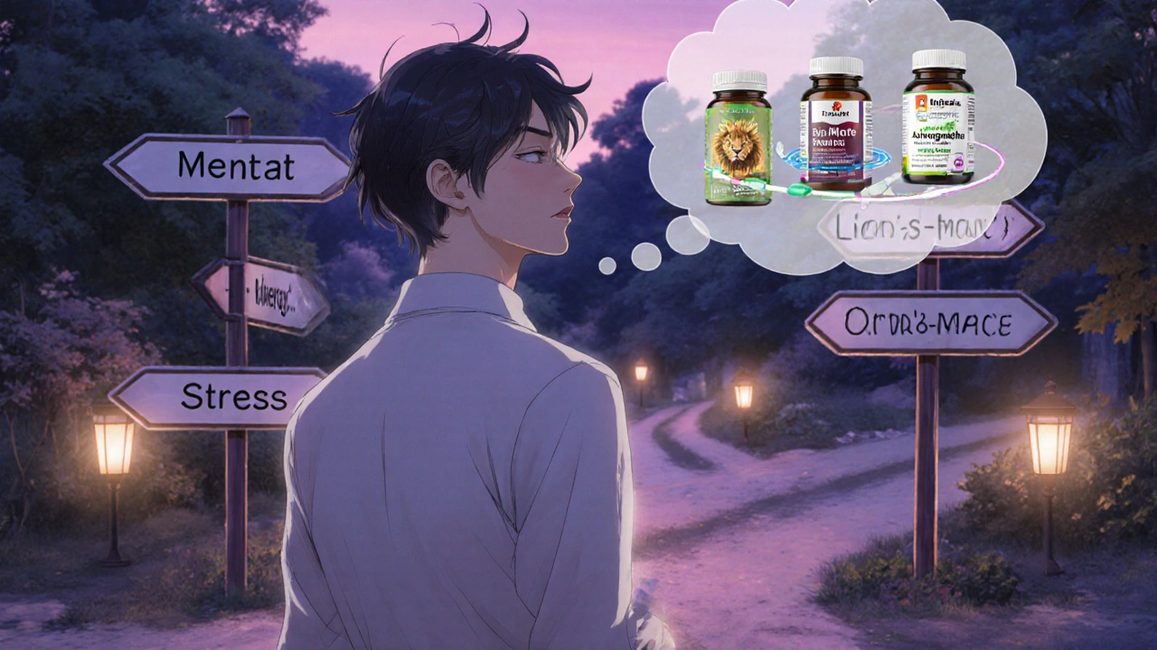 Man at a crossroads deciding between memory, stress, energy, and brain health supplements.