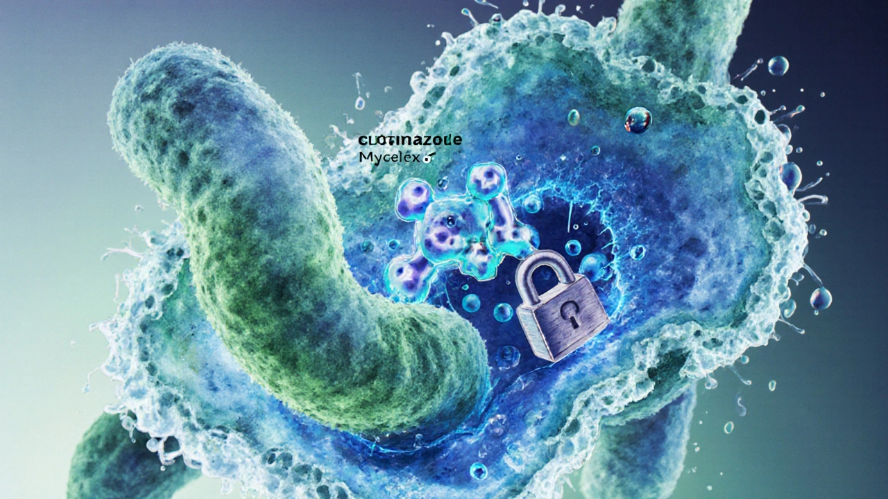 Microscopic view of clotrimazole blocking fungal enzyme, causing membrane leakage.