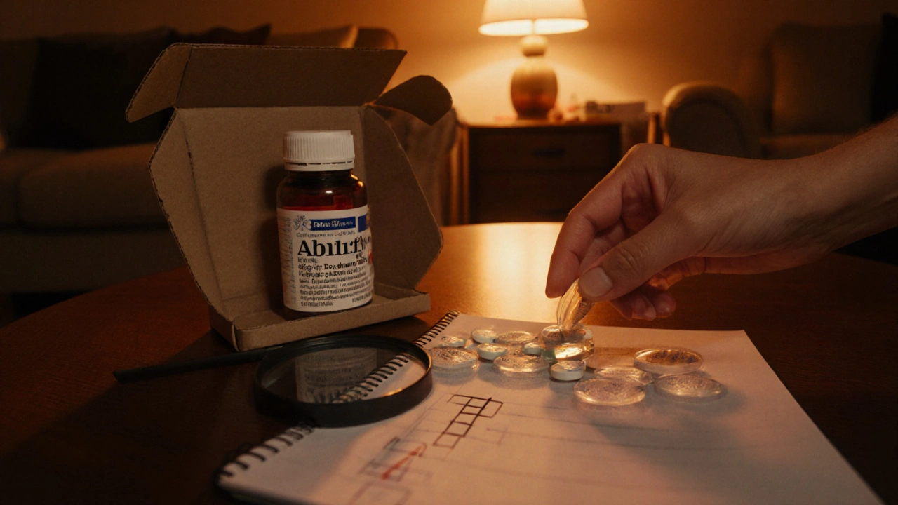 Opened medication box on a table with pills being inspected beside a checklist.