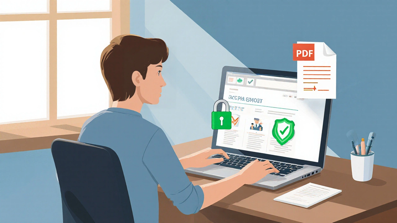 Person checking online pharmacy verification icons on a laptop with a prescription preview.