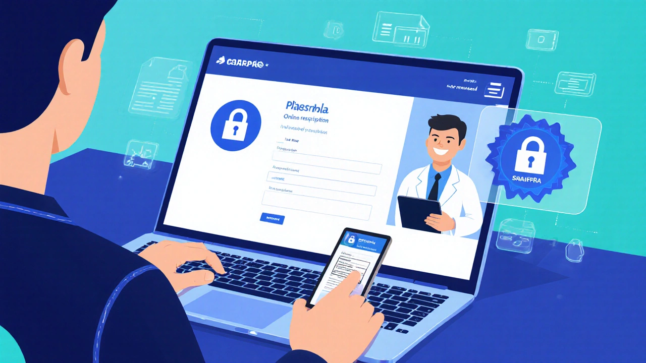 Person ordering medication on laptop from a secure pharmacy site with pharmacist avatar.