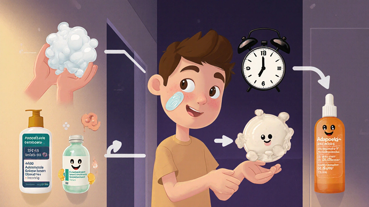 Pixar‑style bathroom scene showing teen applying cleanser, Adapalene, moisturizer and sunscreen.