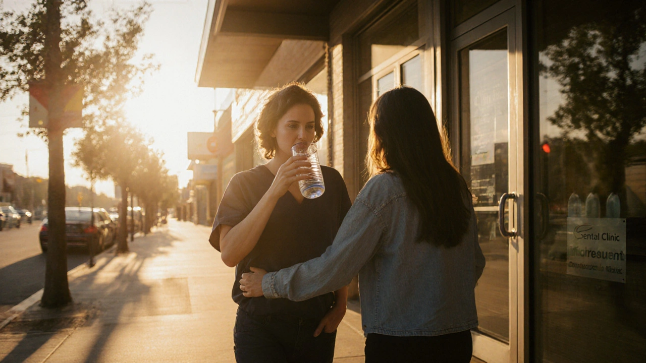 Post‑dental appointment, patient drinks water with a friend on a sunny sidewalk.