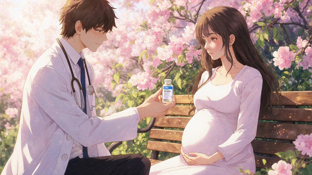 Pregnant woman receiving ampicillin from a bishounen doctor in a sunny garden.