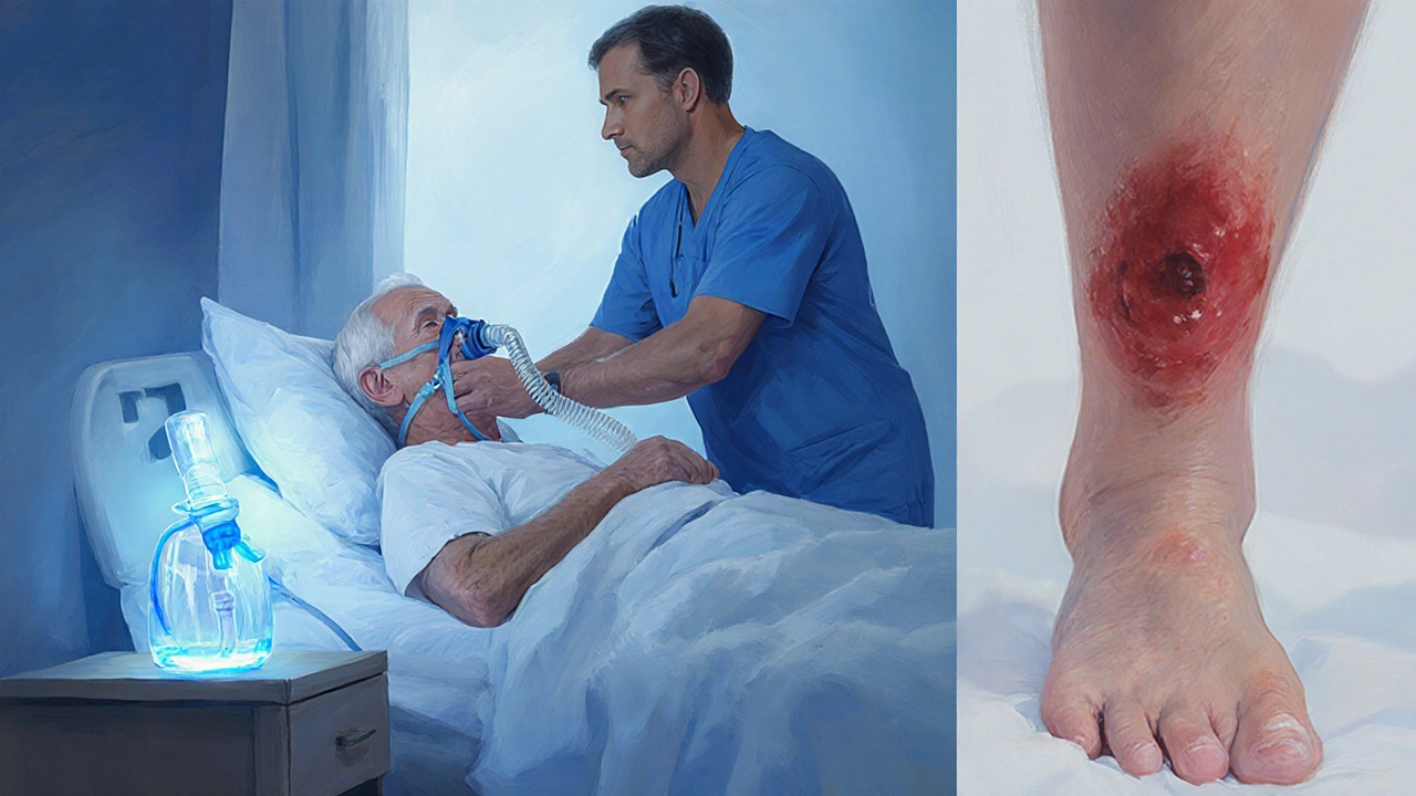 Senior care scene showing oxygen mask, catheter tube, and healed skin sore.