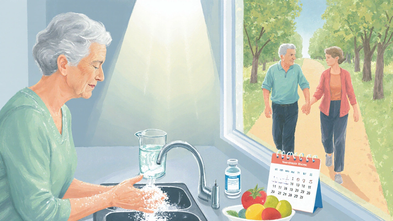 Senior couple washing hands, drinking water, with vaccine vial and walking outside.