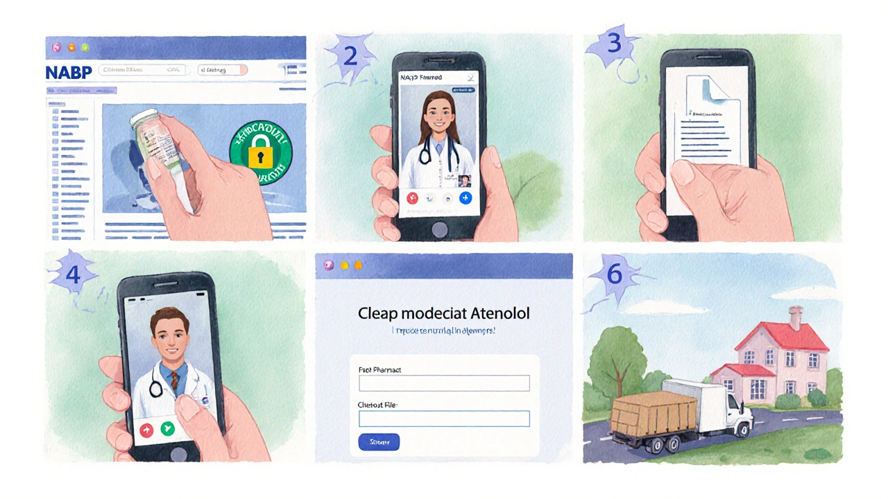 Six-panel watercolor strip showing steps to safely order generic atenolol online.