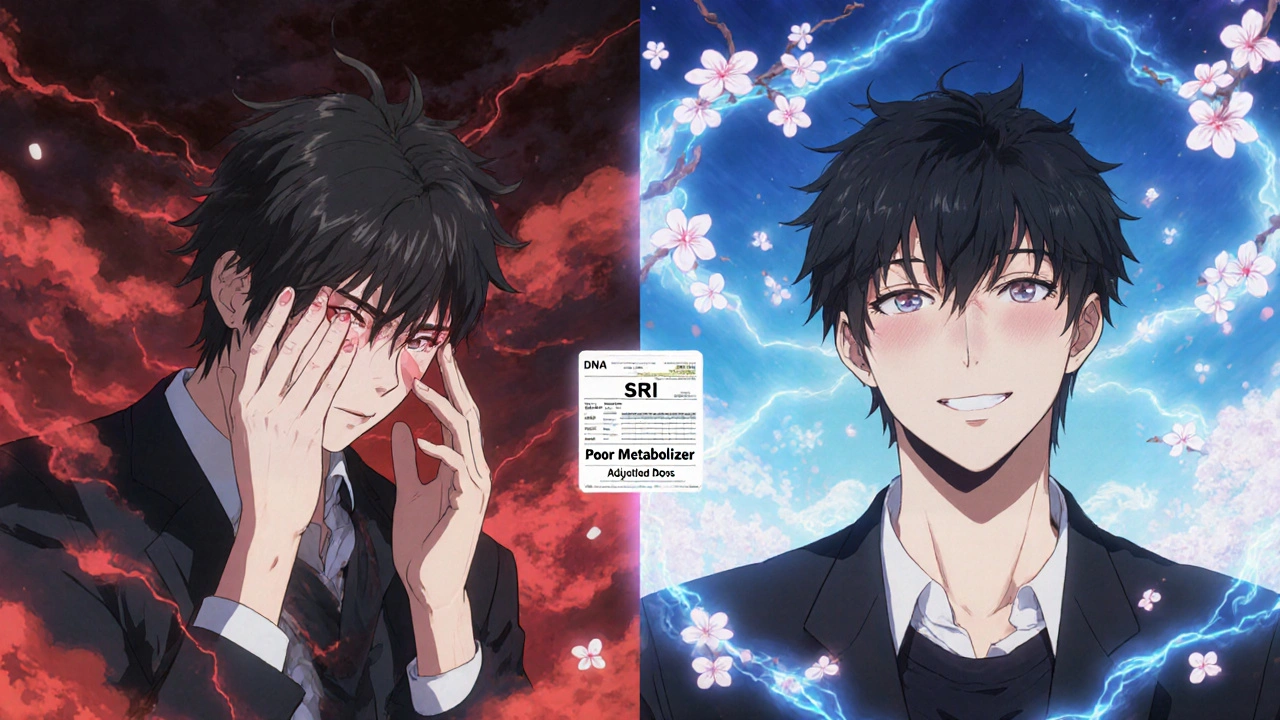 Split scene: one side shows a person suffering SSRI side effects, the other healed with adjusted dose.