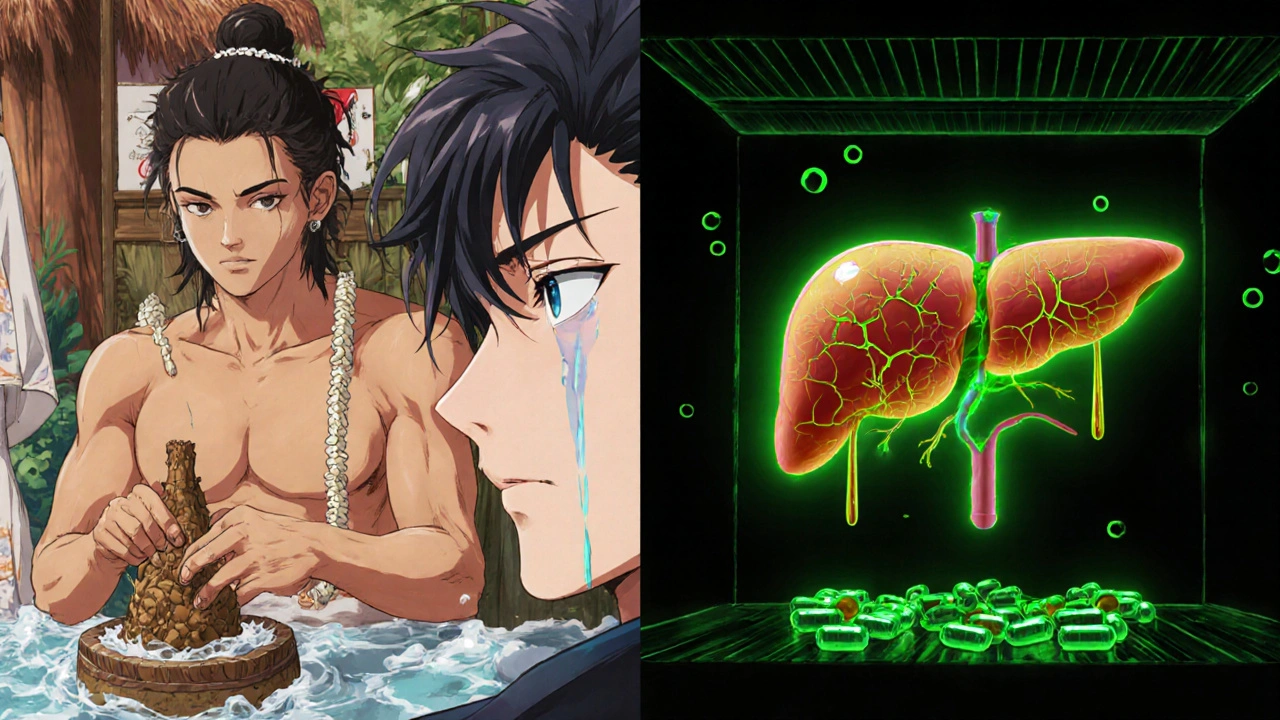 Split scene: traditional kava ceremony on one side, toxic solvent-based extracts on the other, protagonist caught between.