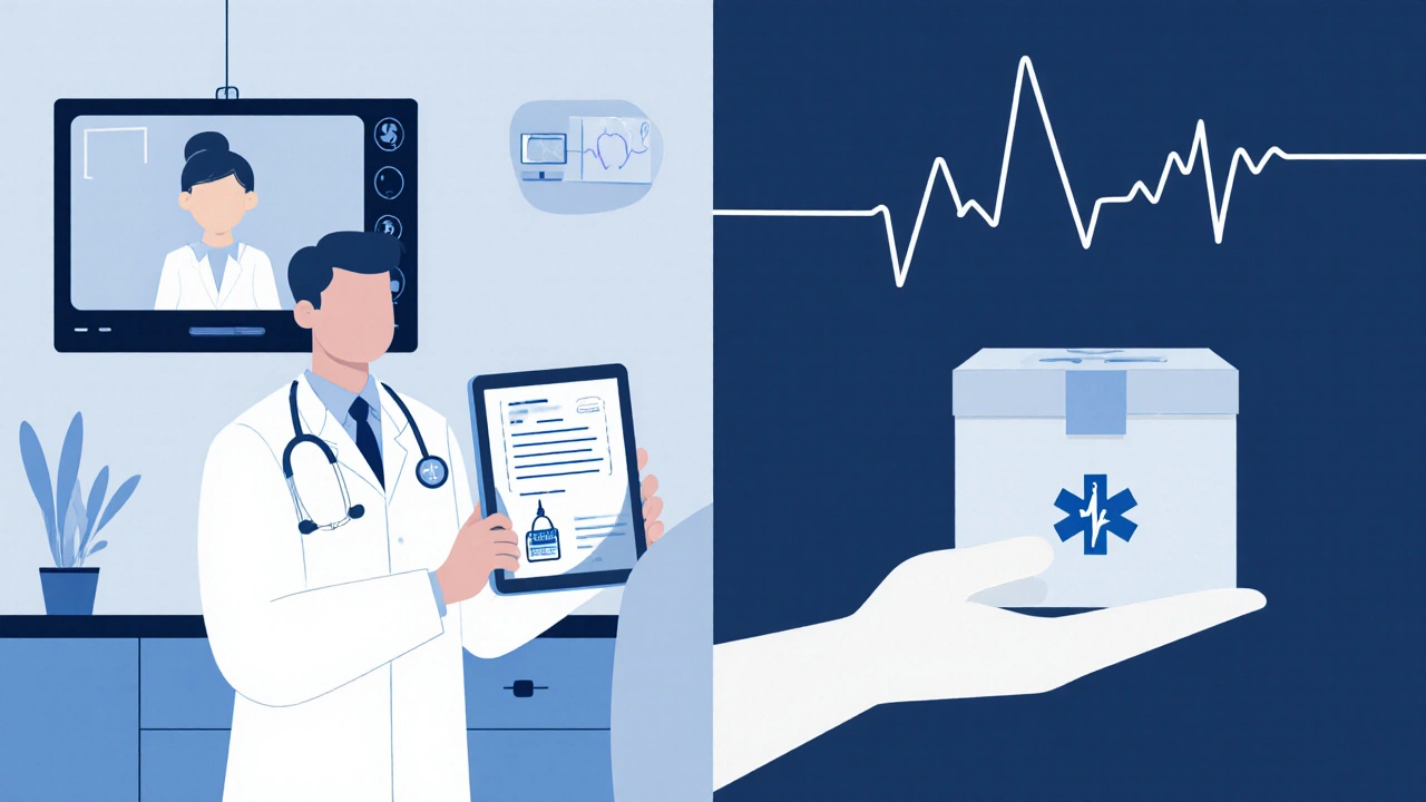 Split‑screen telehealth call showing doctor prescribing medication and patient receiving a delivery box.