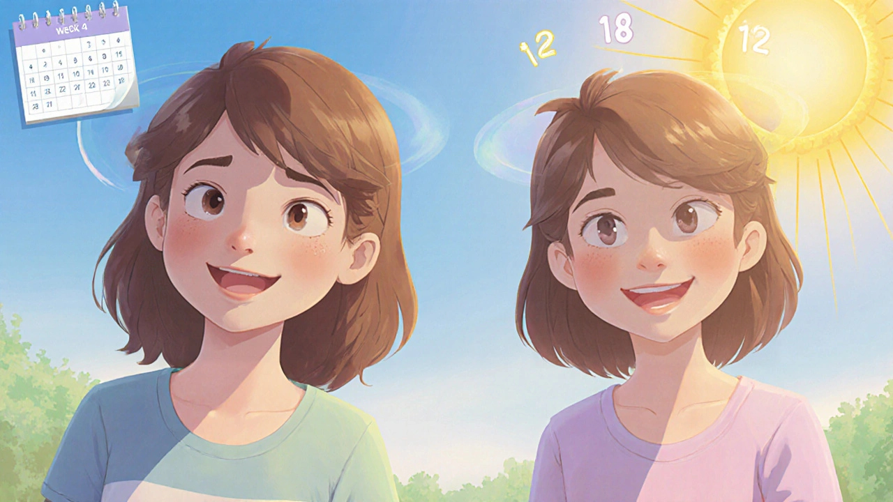 Teen with clear, matte skin outdoors, confident smile, showing progress over weeks.