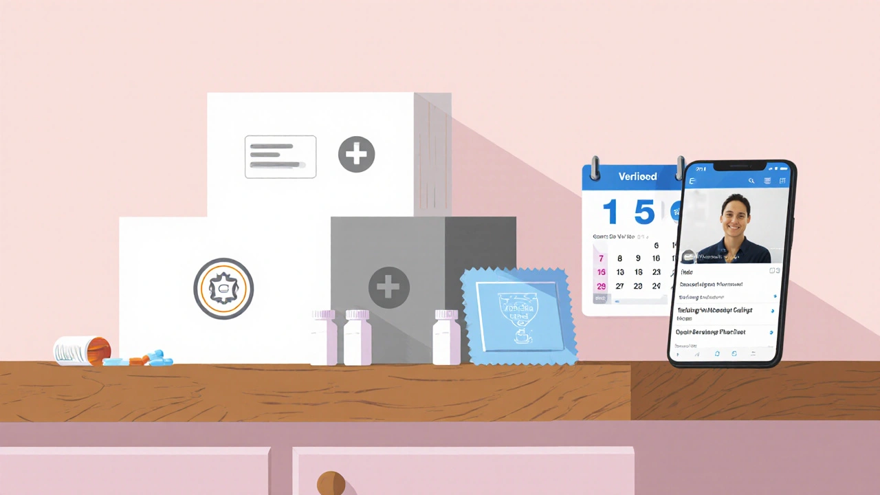 Three parcels on a counter representing different vetted pharmacies with pill bottles.