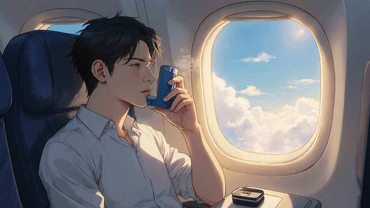 Traveler bishounen using a once‑daily inhaler on an airplane with clouds outside.