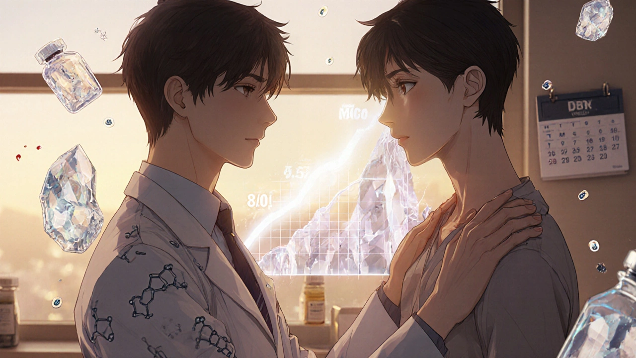 A doctor and patient in a clinic, watching a graph show uric acid levels dropping as tophi shrink under the skin.