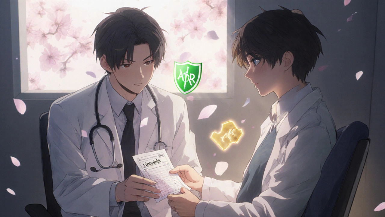 A doctor handing a Lisinopril prescription to a patient, cherry blossoms drifting in a calm clinic.
